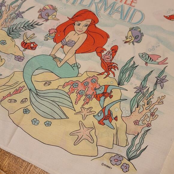 Vtg 1980s 90s Disney The Little Mermaid Flat Bed Sheet & Pillowcase - Picture 3 of 5